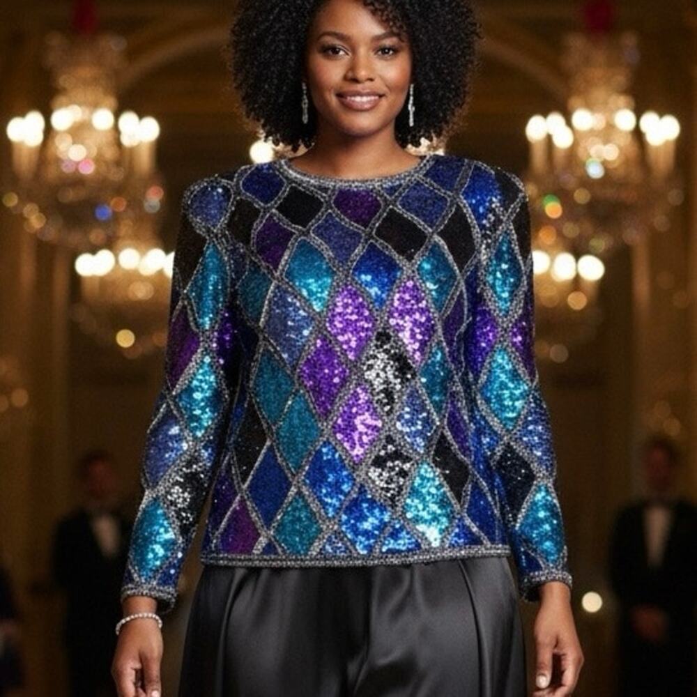 Vintage 1980s harlequin diamond pattern sequin silk top by Nite Line size Large